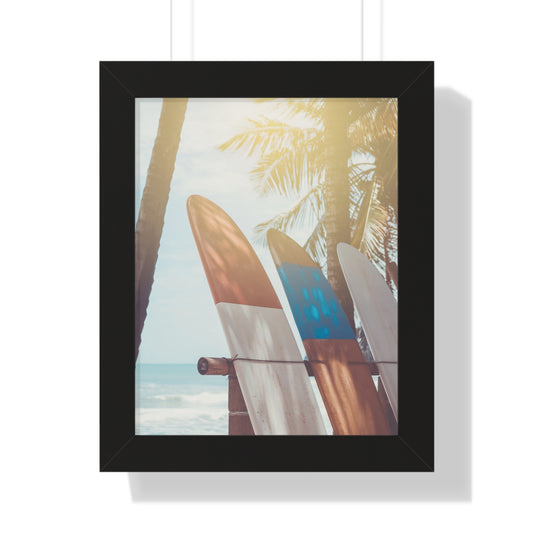 Beach Vibe Framed Vertical Poster, Surfboard Art, Coastal Wall Decor, Ocean Breeze Print, Perfect for Home, Summer Aesthetic