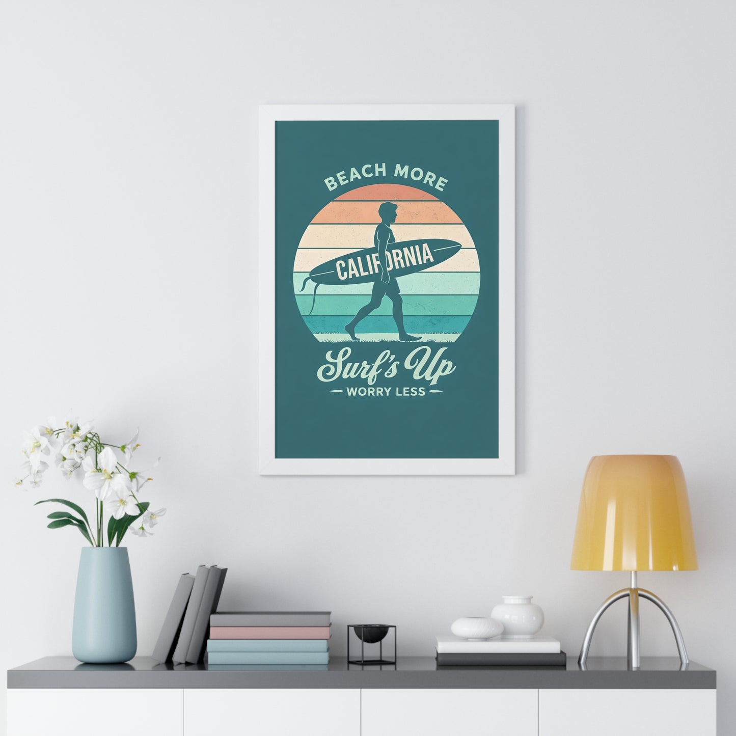 "Surf's Up, Worry Less" California Beach Art Framed Poster