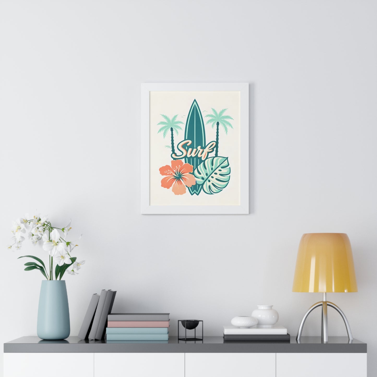 Surf Tropical Framed Poster — Retro Surfboard & Hibiscus Wall Art