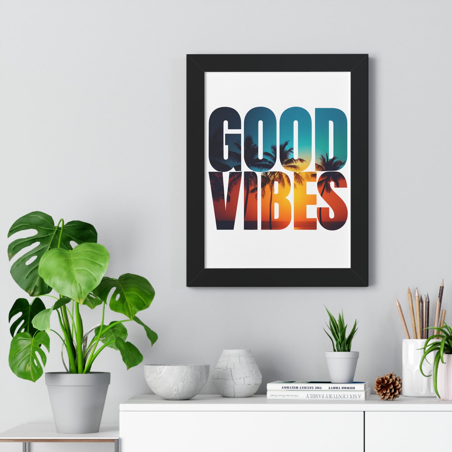 "Good Vibes" Tropical Sunset Framed Poster