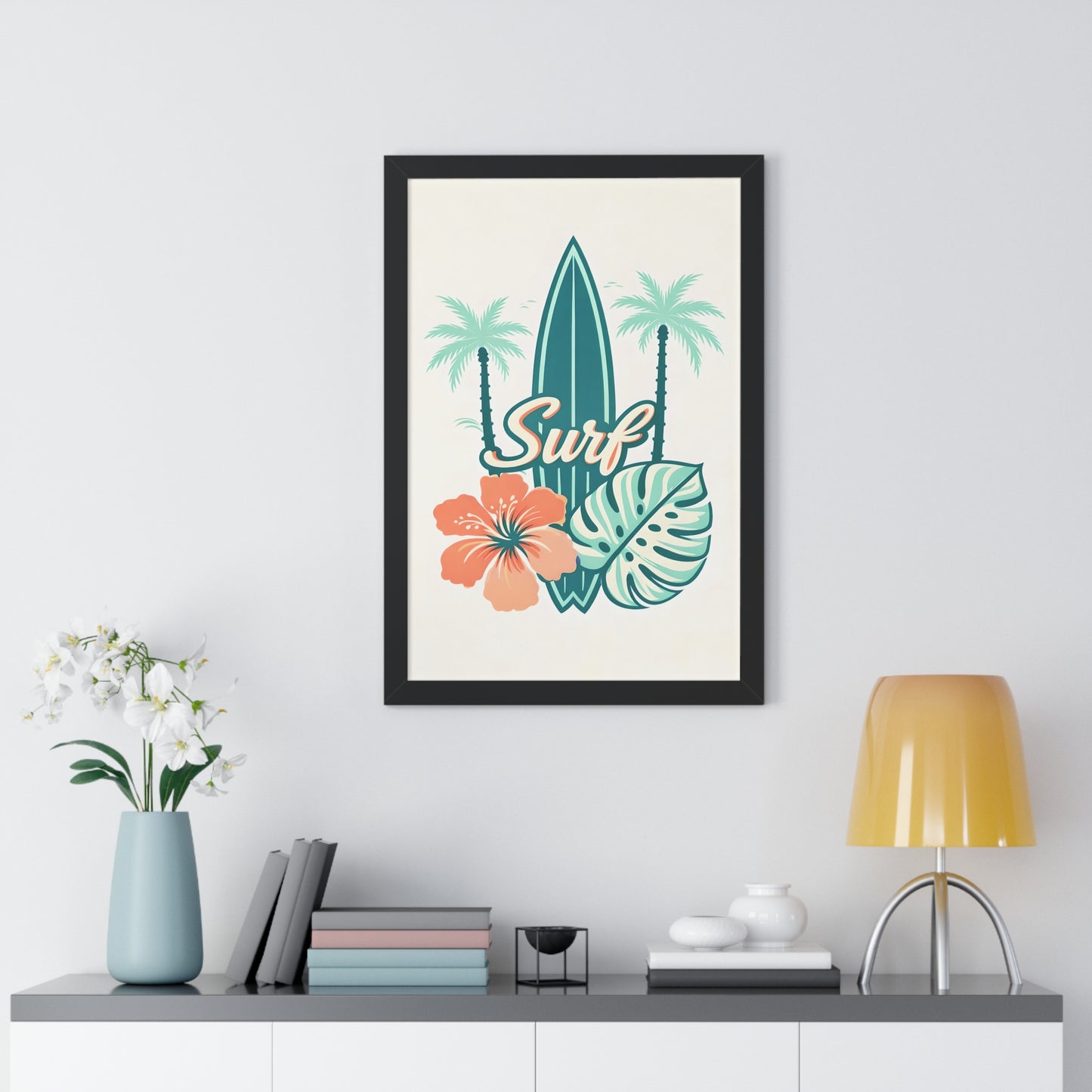 Surf Tropical Framed Poster — Retro Surfboard & Hibiscus Wall Art