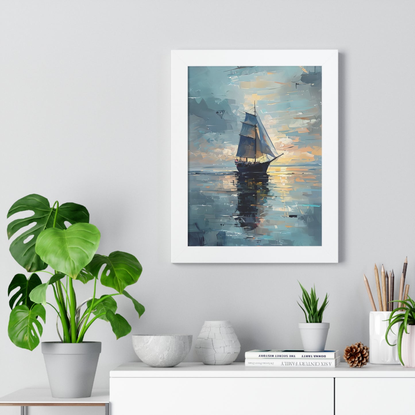 Single Sailboat Sunset Framed Poster