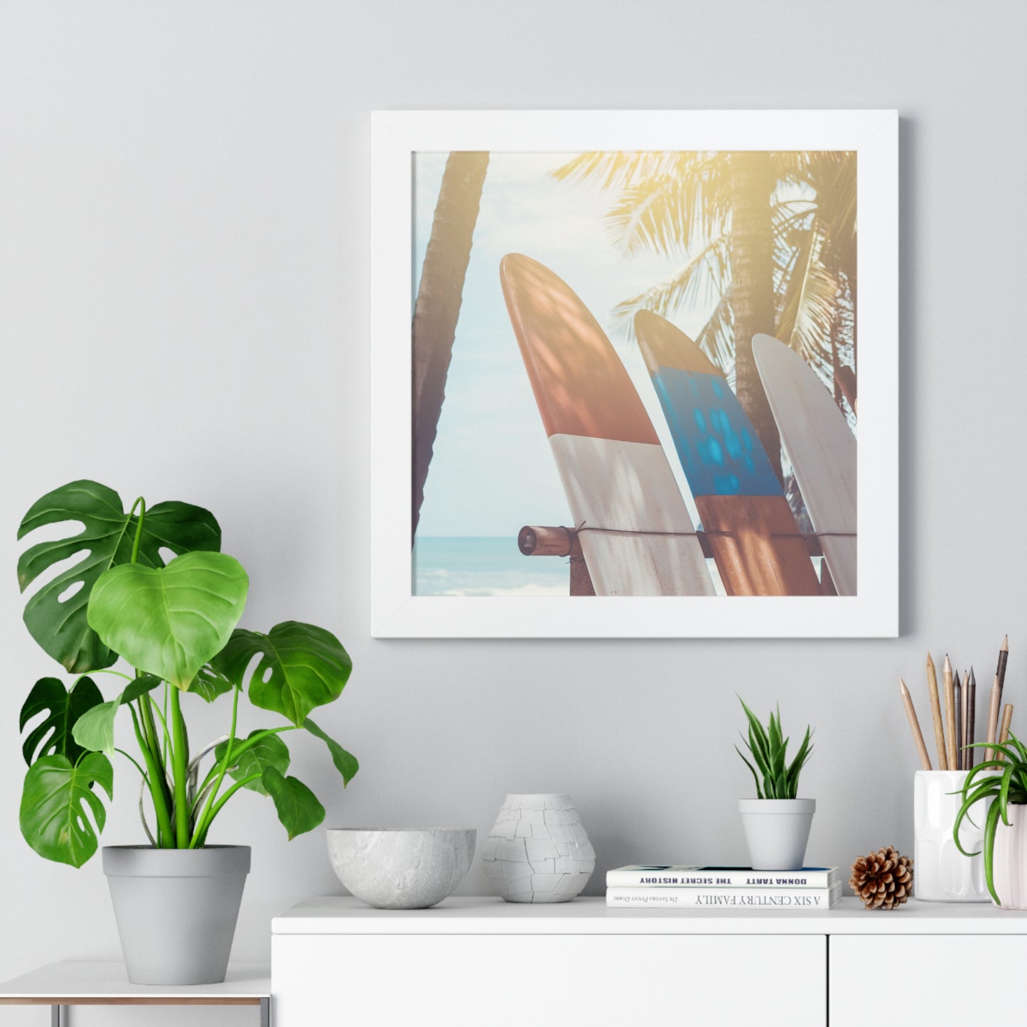 Beach Vibe Framed Vertical Poster, Surfboard Art, Coastal Wall Decor, Ocean Breeze Print, Perfect for Home, Summer Aesthetic