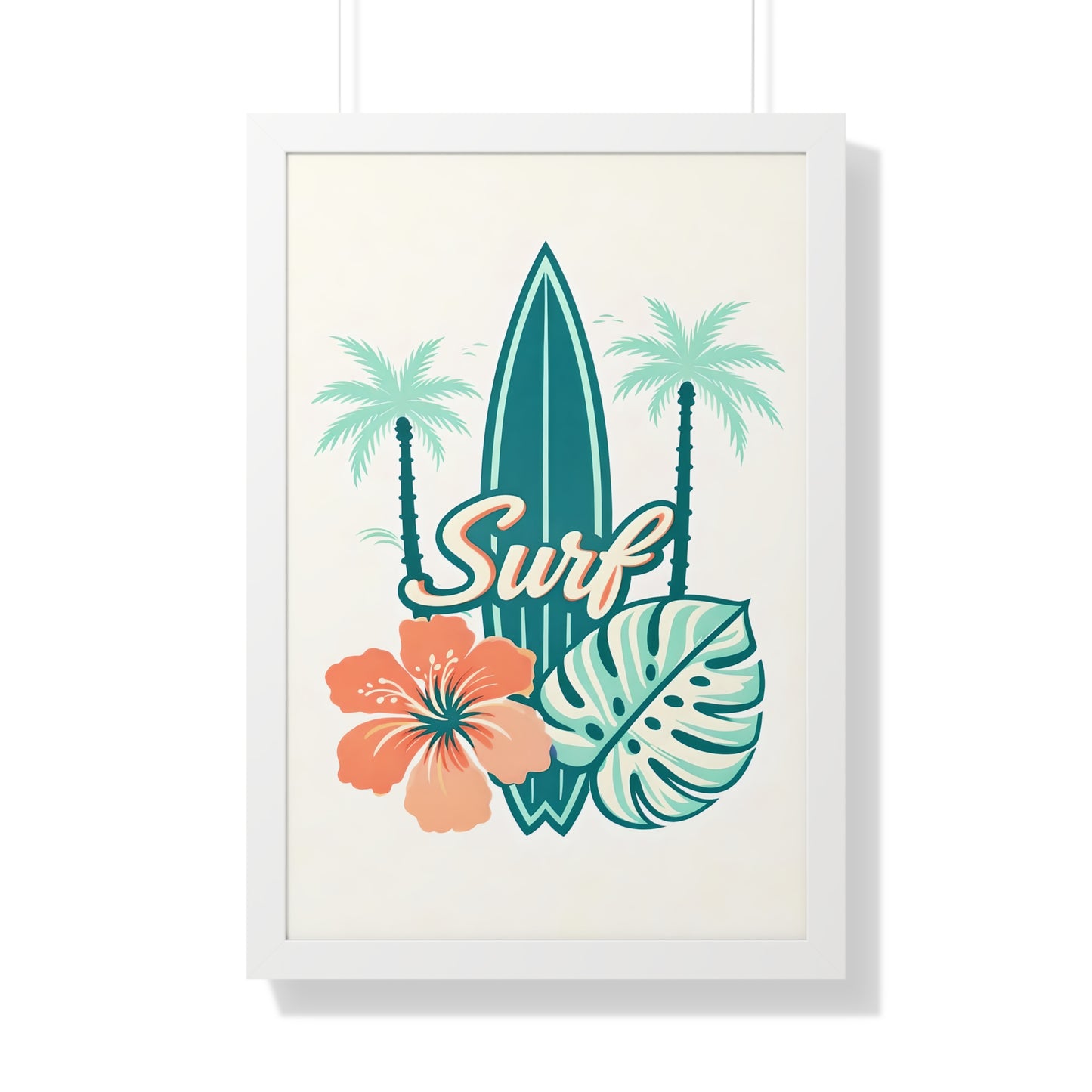 Surf Tropical Framed Poster — Retro Surfboard & Hibiscus Wall Art