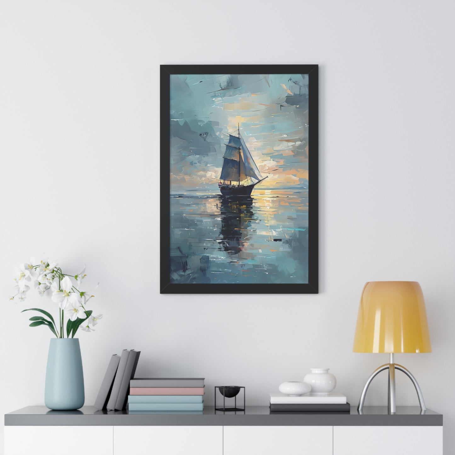 Single Sailboat Sunset Framed Poster