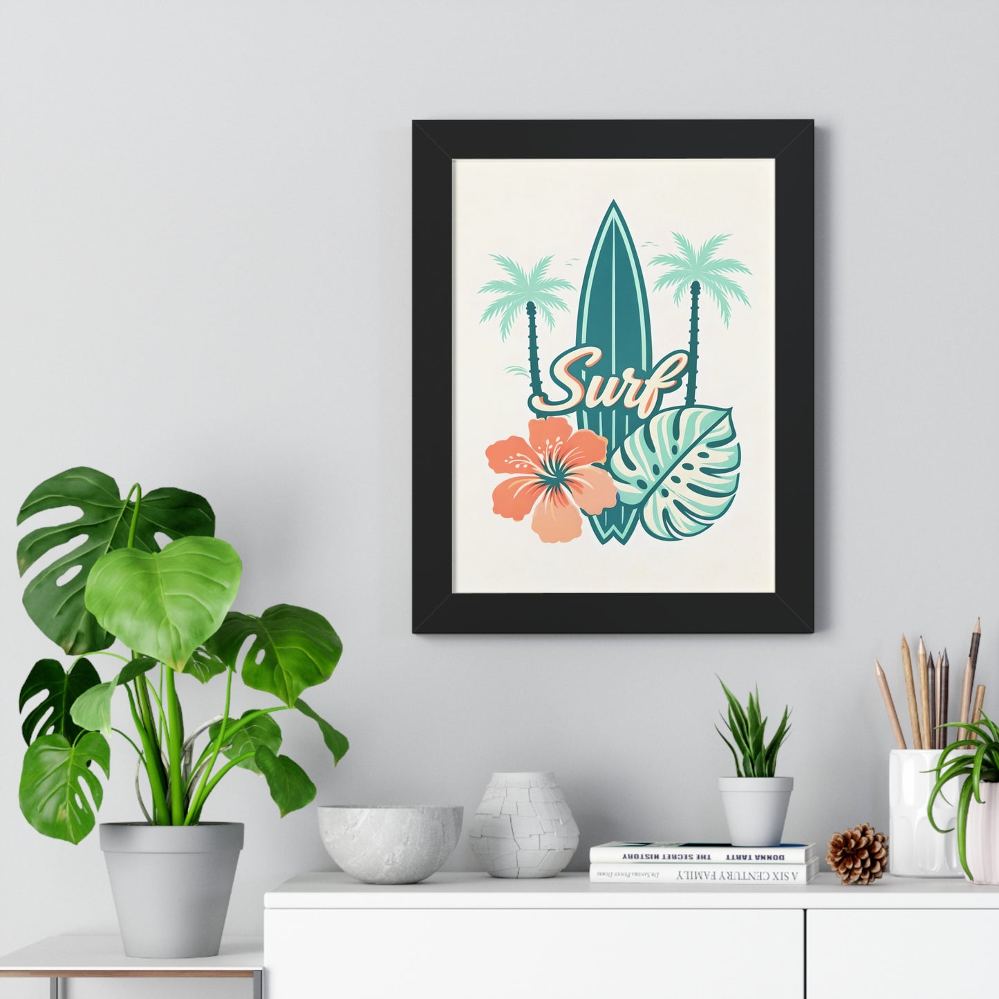 Surf Tropical Framed Poster — Retro Surfboard & Hibiscus Wall Art