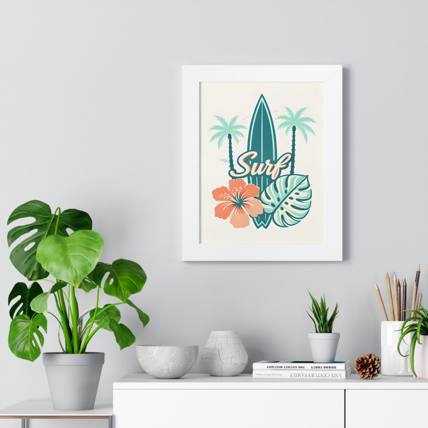 Surf Tropical Framed Poster — Retro Surfboard & Hibiscus Wall Art