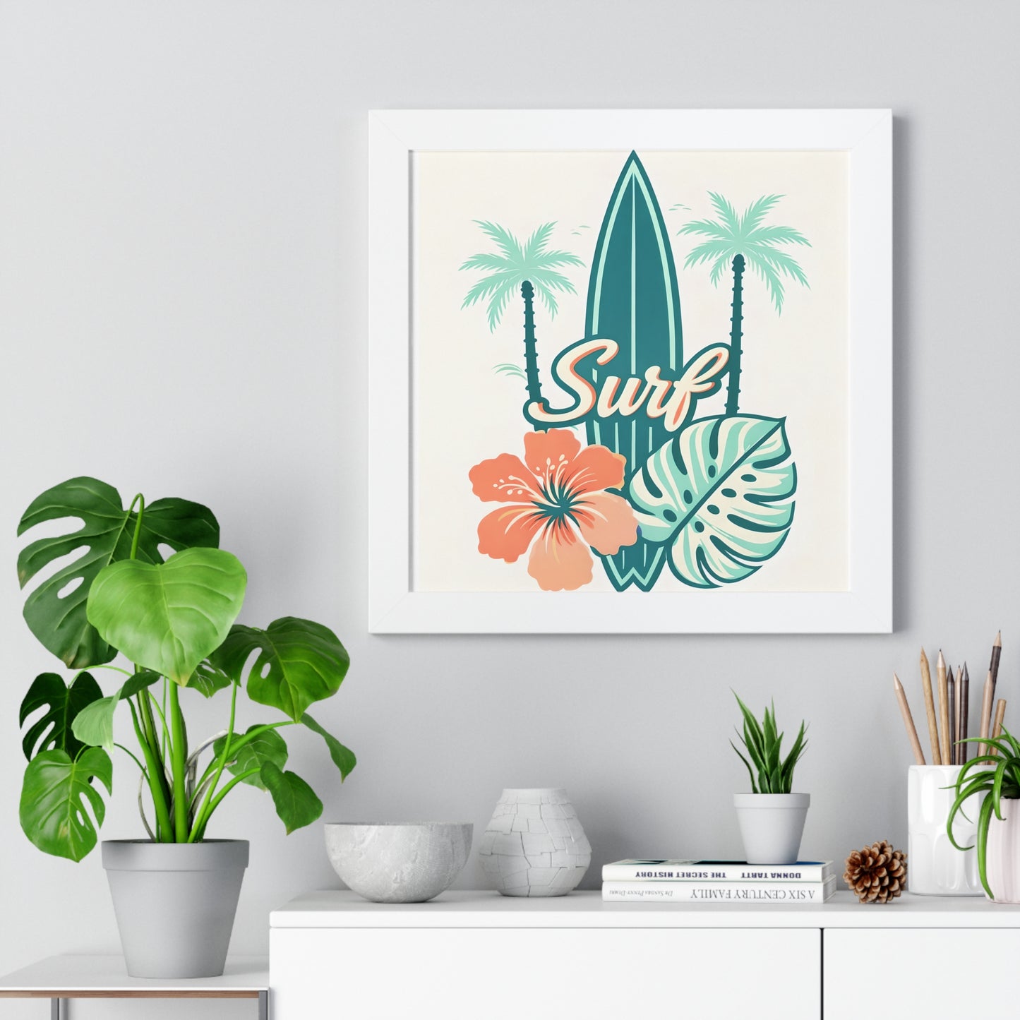 Surf Tropical Framed Poster — Retro Surfboard & Hibiscus Wall Art