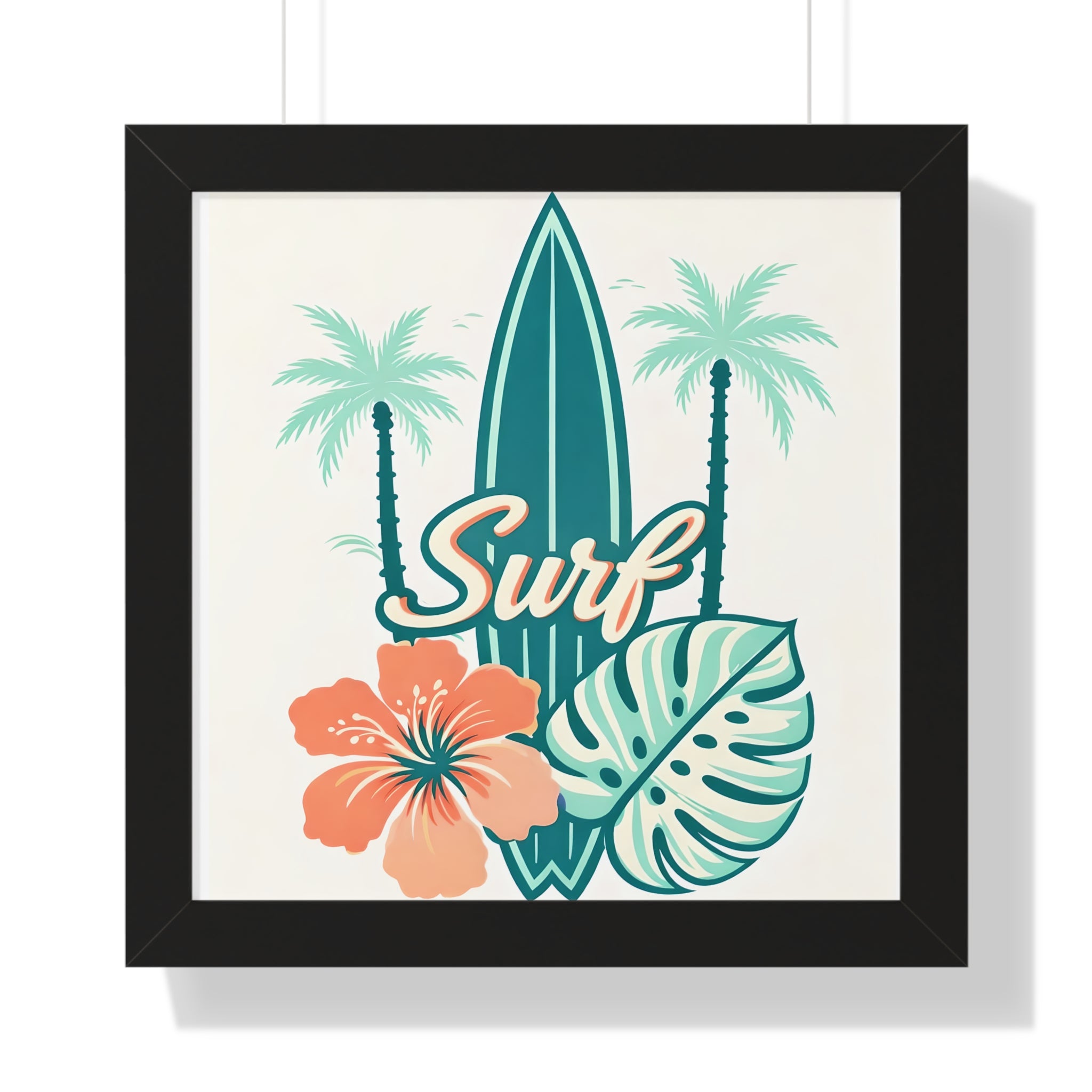 Surf Tropical Framed Poster — Retro Surfboard & Hibiscus Wall Art