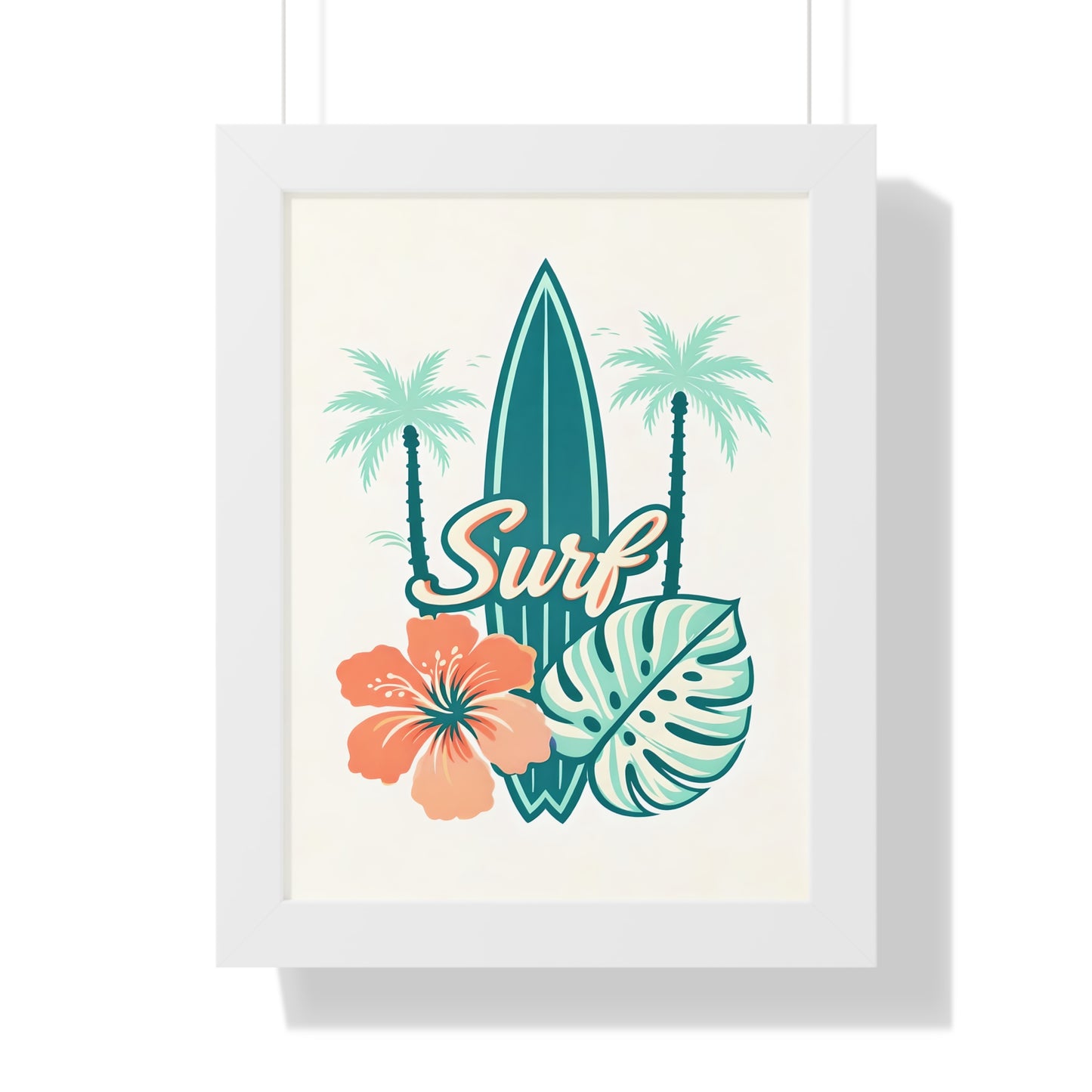 Surf Tropical Framed Poster — Retro Surfboard & Hibiscus Wall Art