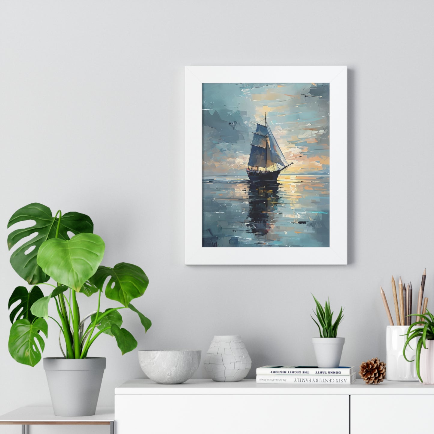Single Sailboat Sunset Framed Poster