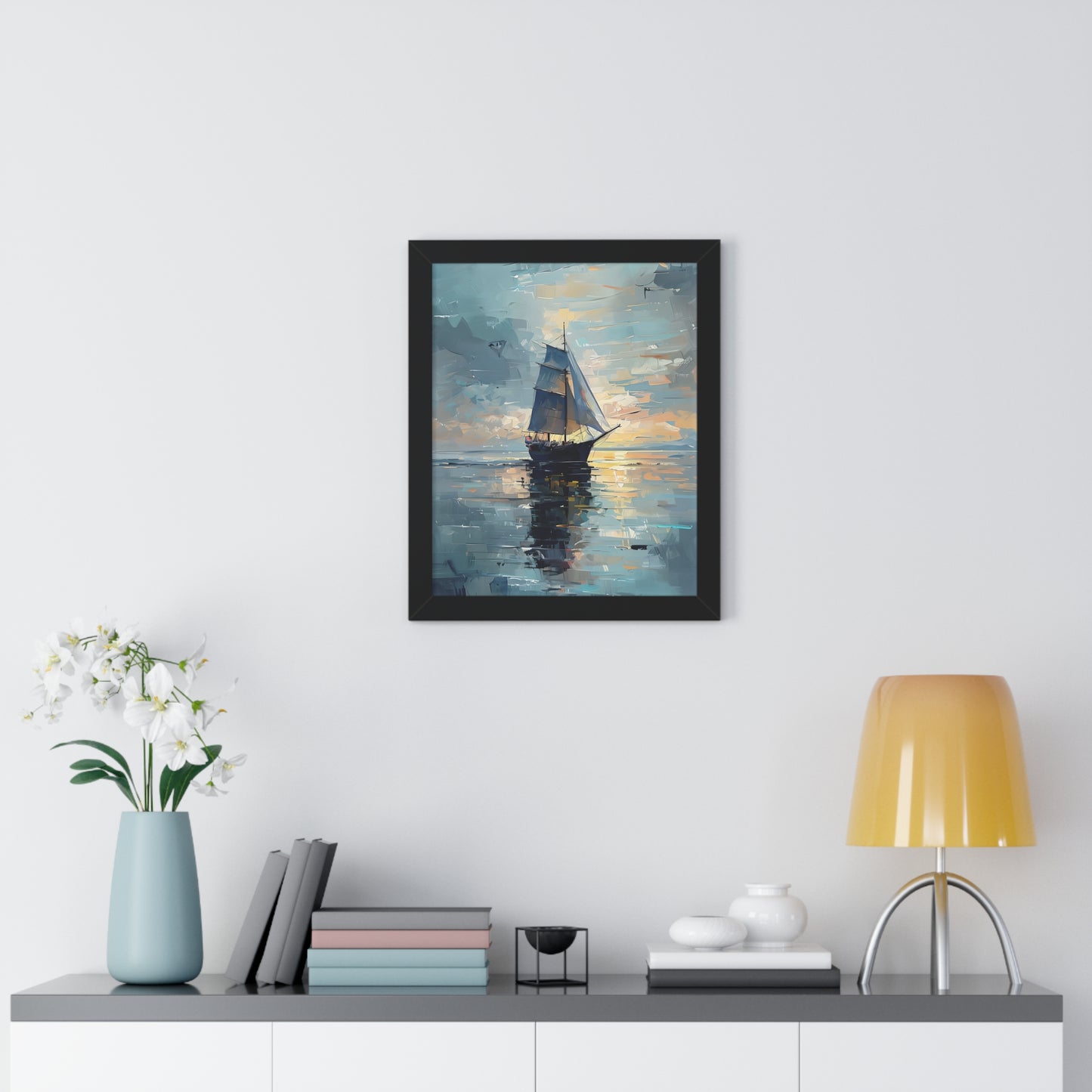 Single Sailboat Sunset Framed Poster