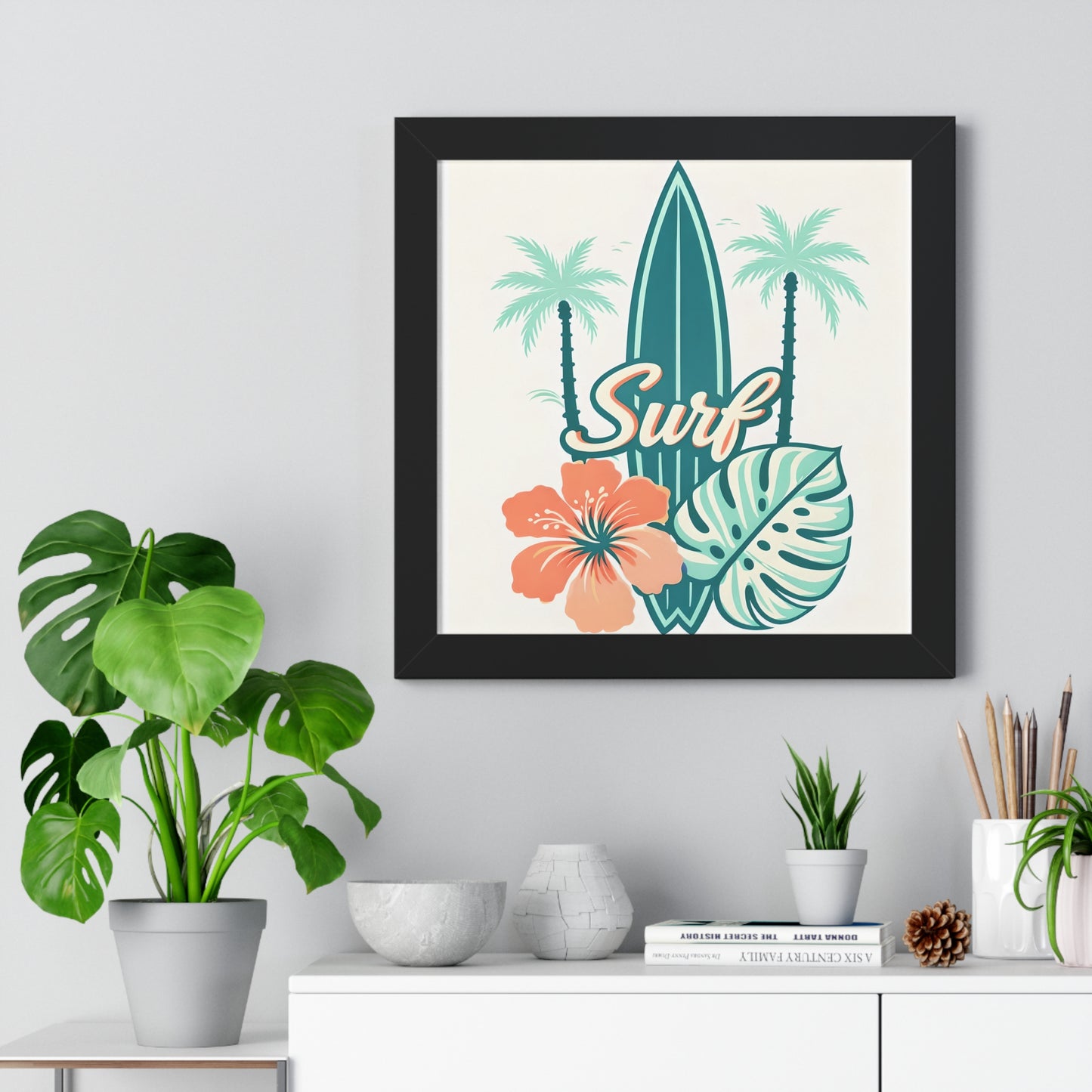 Surf Tropical Framed Poster — Retro Surfboard & Hibiscus Wall Art