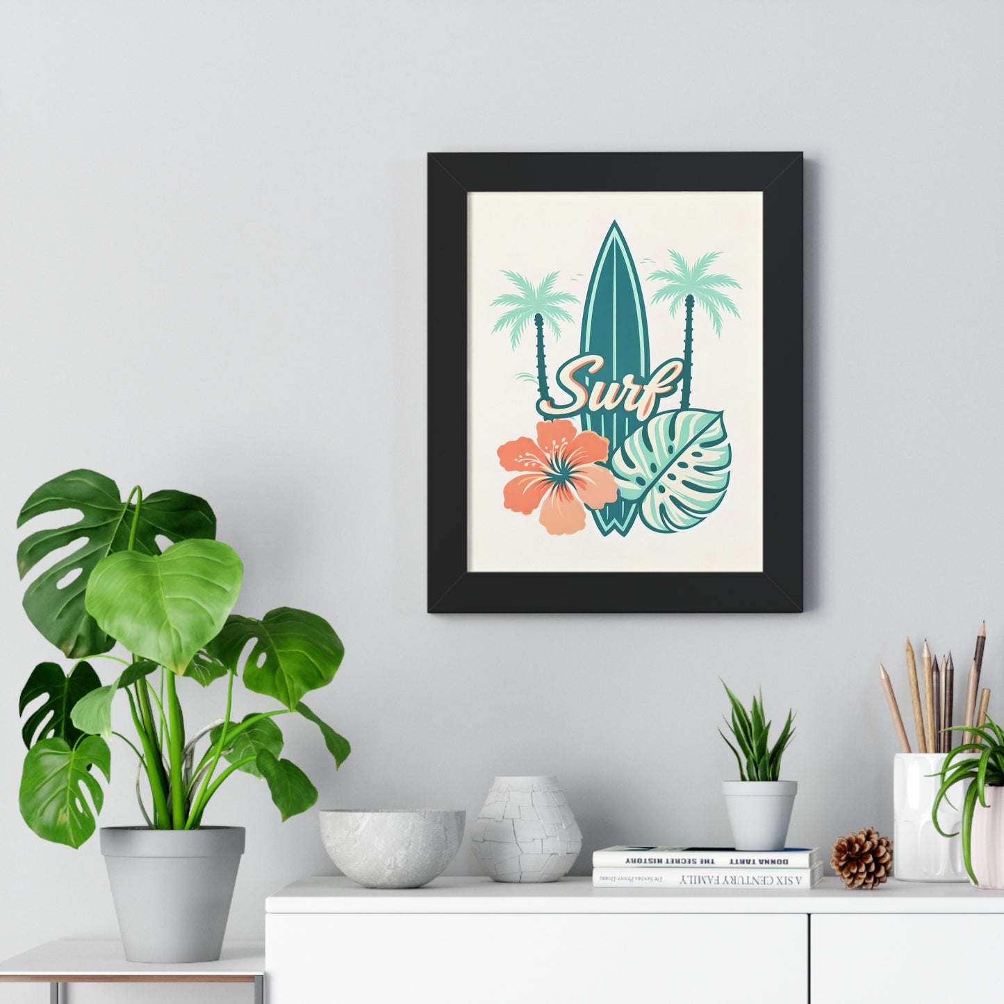 Surf Tropical Framed Poster — Retro Surfboard & Hibiscus Wall Art