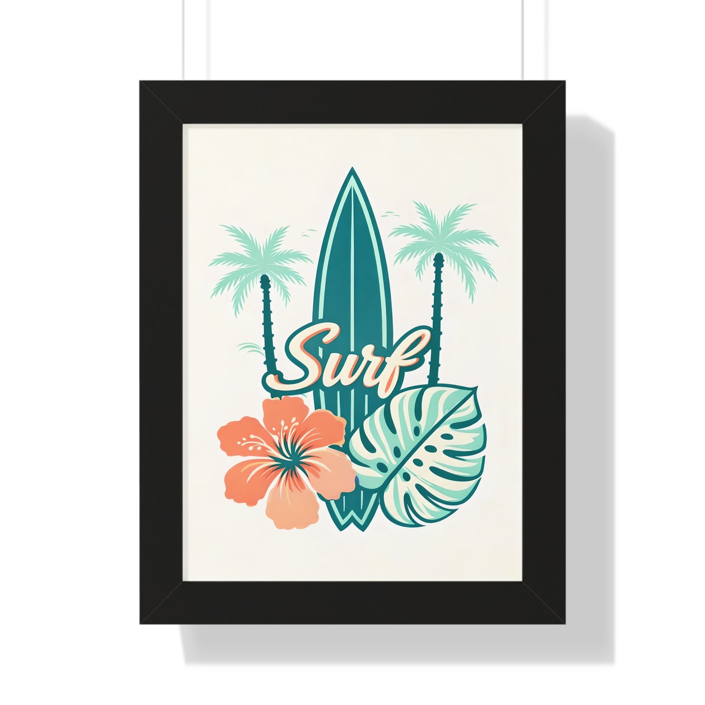 Surf Tropical Framed Poster — Retro Surfboard & Hibiscus Wall Art