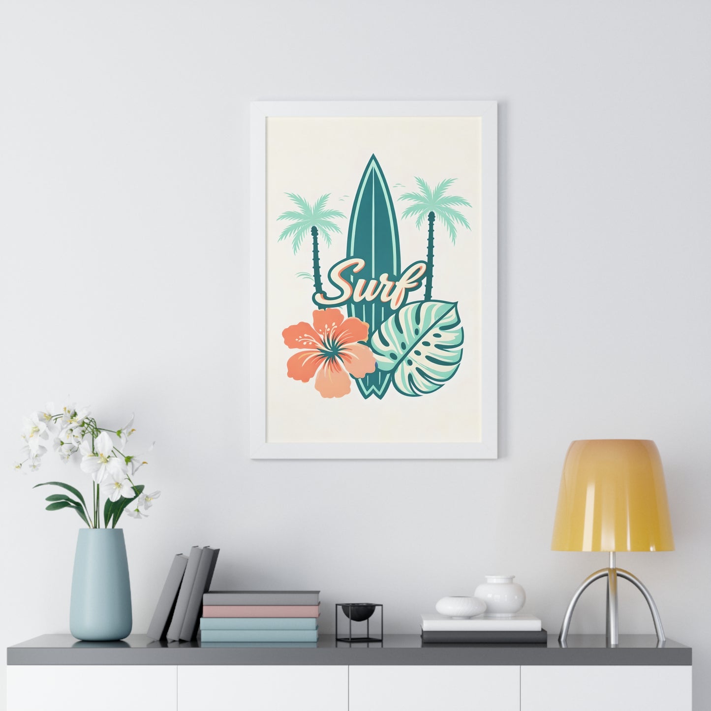Surf Tropical Framed Poster — Retro Surfboard & Hibiscus Wall Art