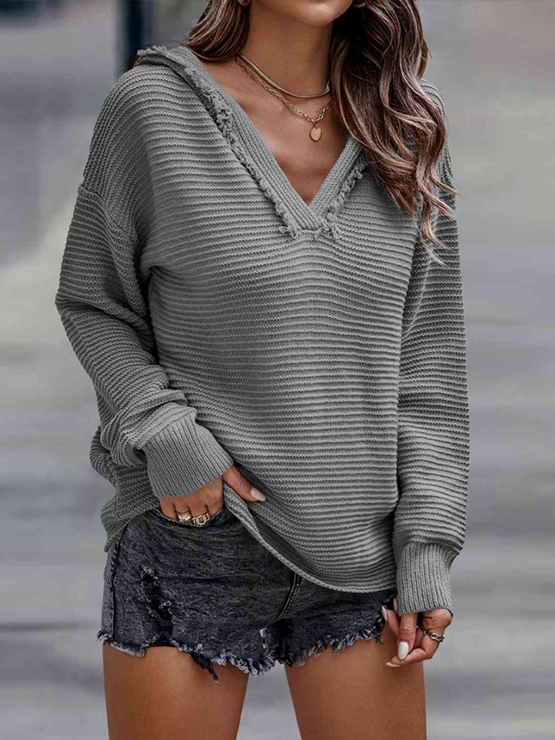 Ribbed Fringed V-Neck Hooded Sweater