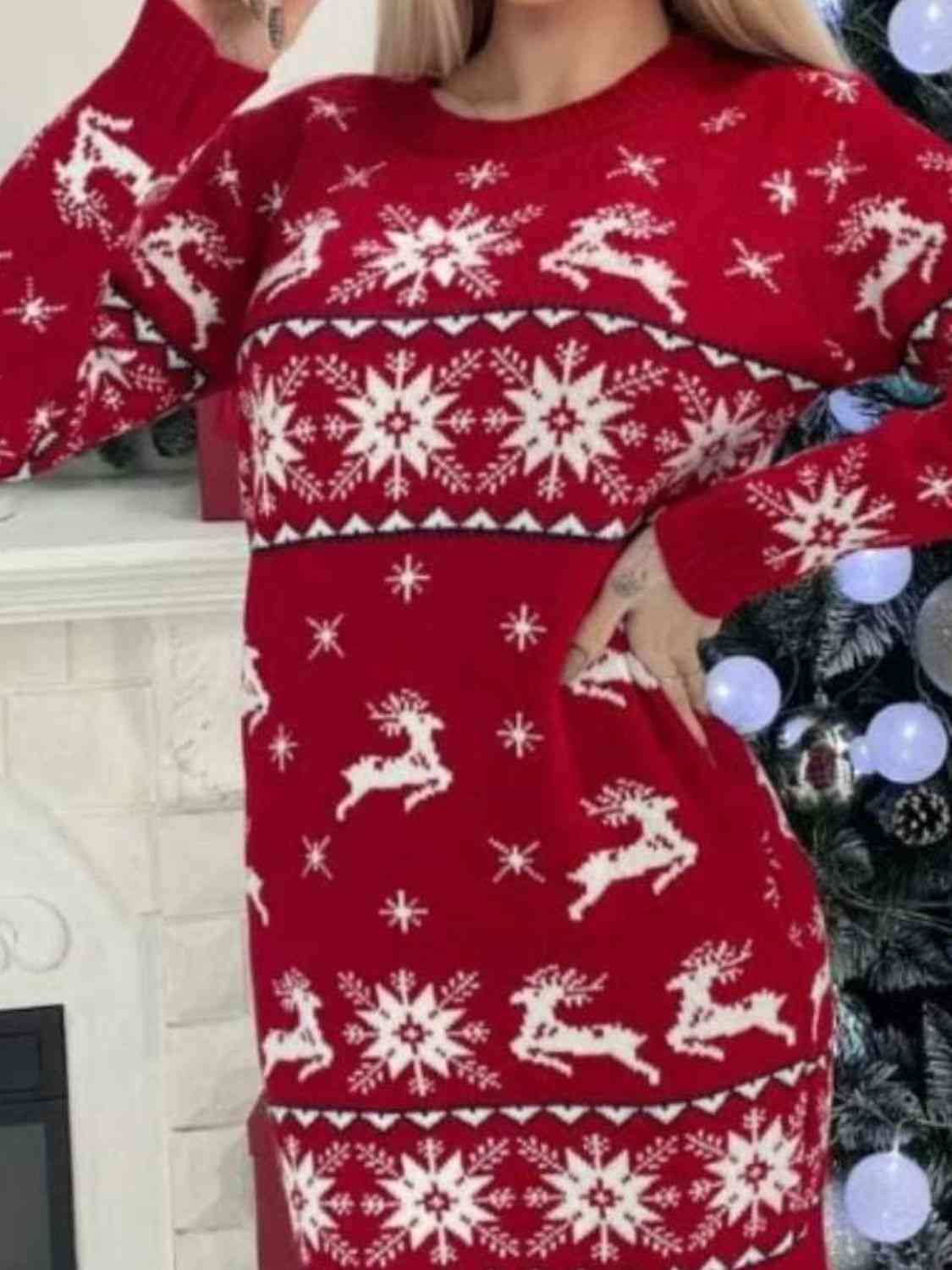 Reindeer & Snowflake Round Neck Sweater Dress