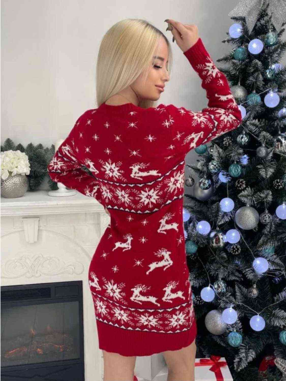 Reindeer & Snowflake Round Neck Sweater Dress