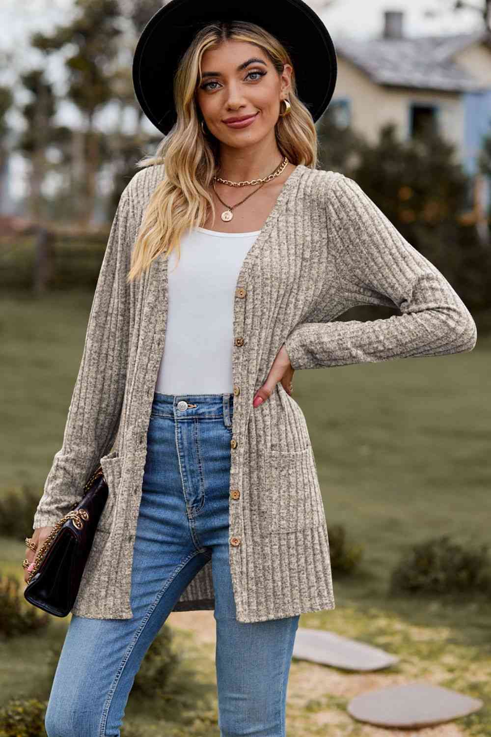 Ribbed Button-UP Cardigan with Pockets