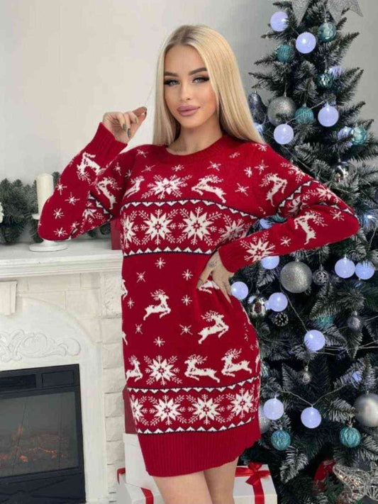 Reindeer & Snowflake Round Neck Sweater Dress