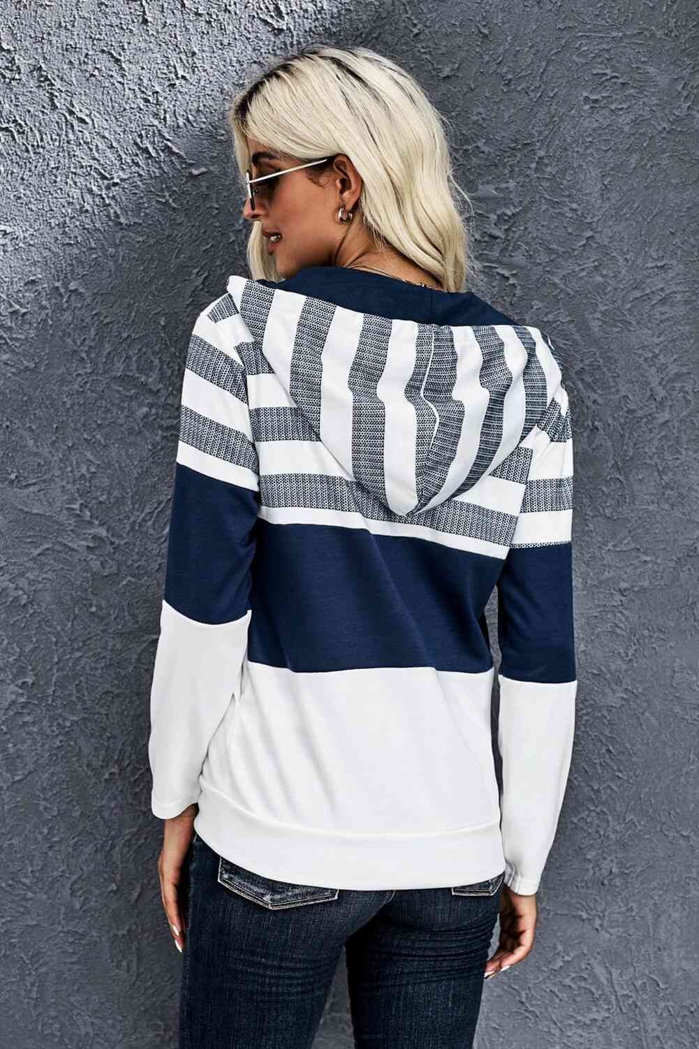 Striped Color Block Drawstring Zip Up Hoodie