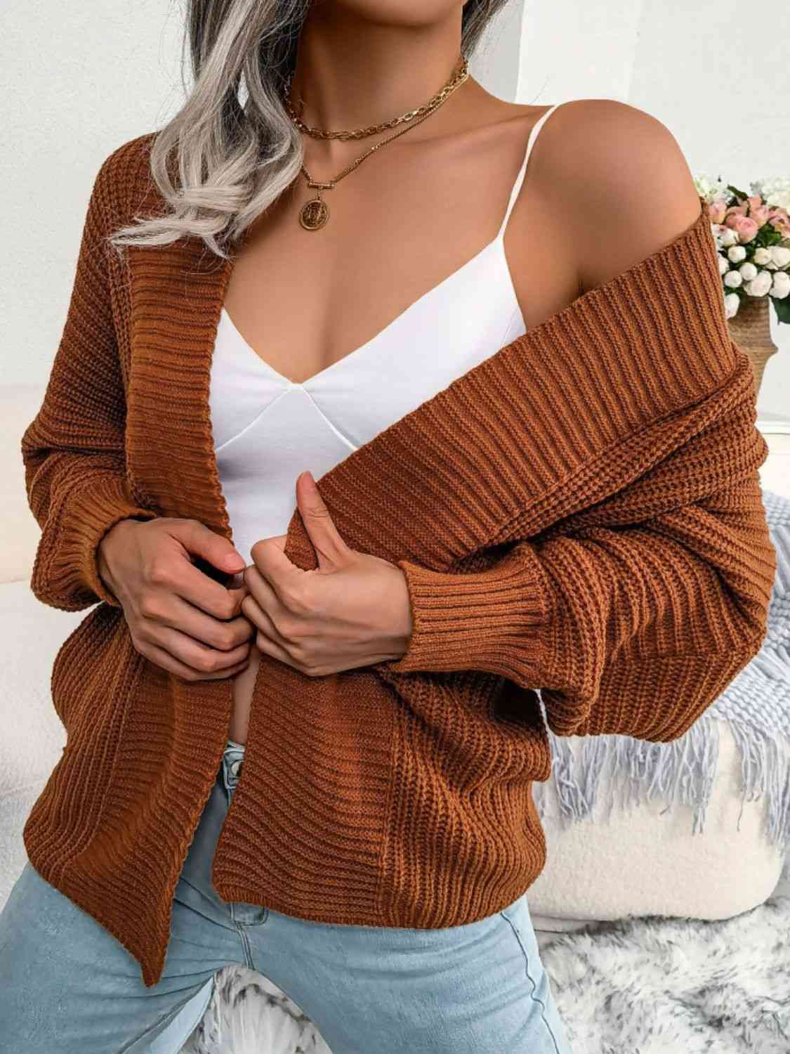 Rib Knit Open Front Dolman Sleeve Cardigan